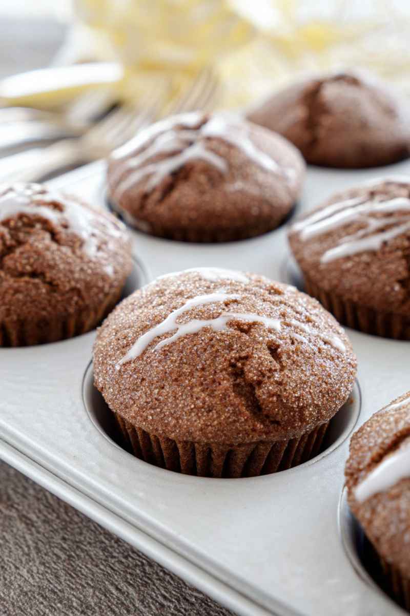 Individual glazed gingerbread muffin in a light grey muffin tin, surrounded by other muffins.