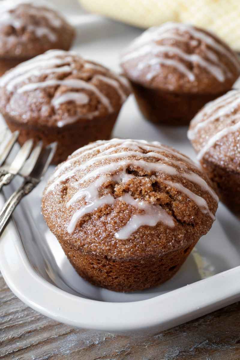 Close-up of several glazed gingerbread muffins on a white serving dish with a blurred wooden background.