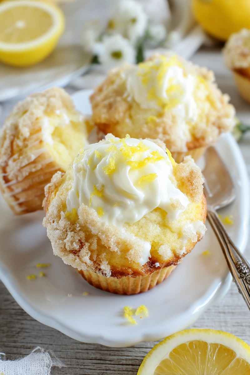 Luscious lemon muffins topped with whipped cream and lemon zest, surrounded by fresh lemons on a white plate.