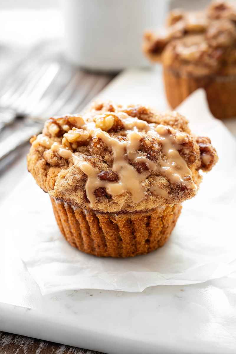 A close-up of a golden-brown Maple Walnut Muffin topped with a crumbly streusel and drizzled with maple glaze, sitting on a white marble surface.