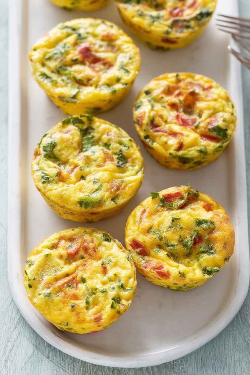 Golden mini frittata muffins topped with fresh herbs, showcasing a mix of colorful vegetables, served on a white plate.