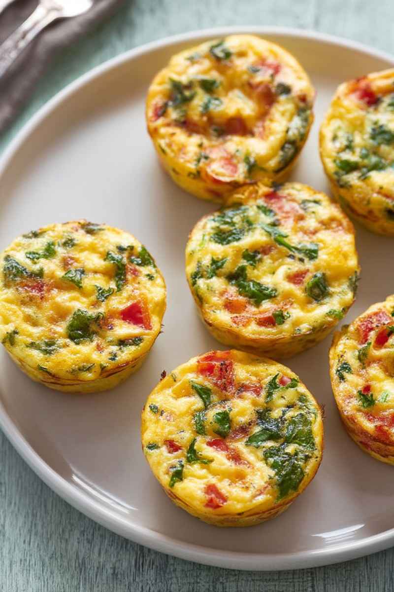 Mini frittata muffins with visible green herbs and red tomato pieces, arranged on a white plate, ready to serve.