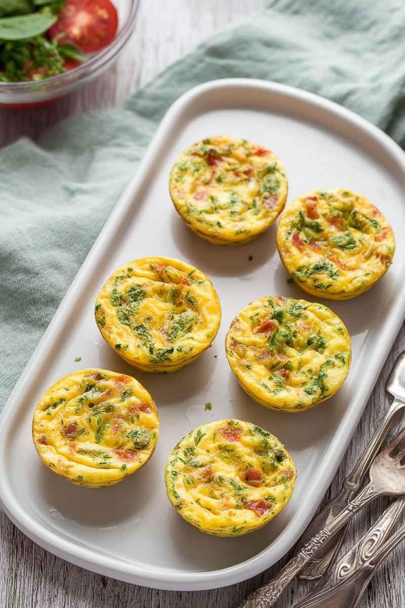 Golden-brown Mini Frittata Muffins filled with vibrant vegetables like spinach, tomatoes, and roasted red peppers, served on a white platter.