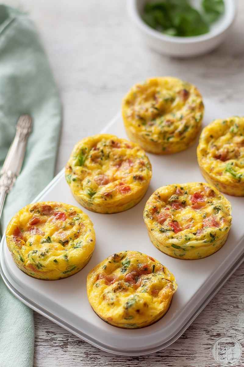 Colorful Mini Frittata Muffins showcasing vibrant greens and reds from fresh vegetables, arranged neatly on a white tray.