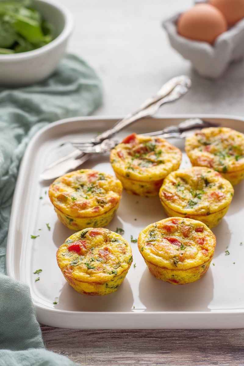 Mini frittata muffins with visible chunks of spinach, tomatoes, and herbs, presented on a white serving tray.
