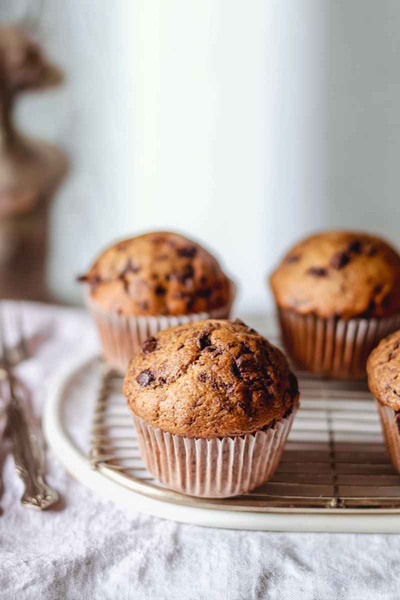 Fluffy mocha muffins with chocolate chips, cooling on a wire rack.