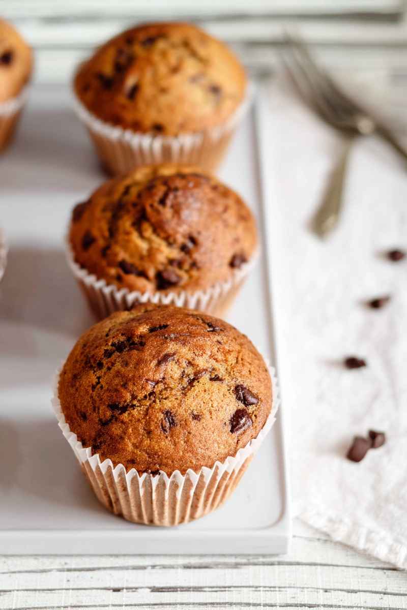 Golden-brown mocha muffins with chocolate chips, displayed on a cooling rack.