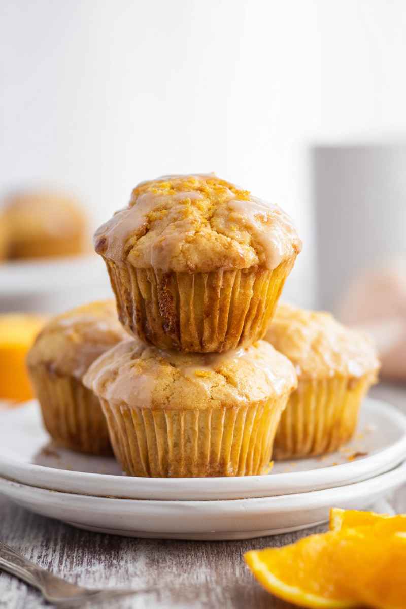 Bright orange muffins stacked on a plate, drizzled with a glossy glaze and garnished with orange zest.