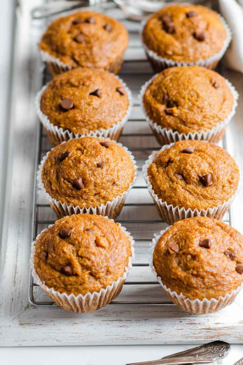 A batch of Paleo Sweet Potato Muffins cooling on a wire rack, each topped with chocolate chips.