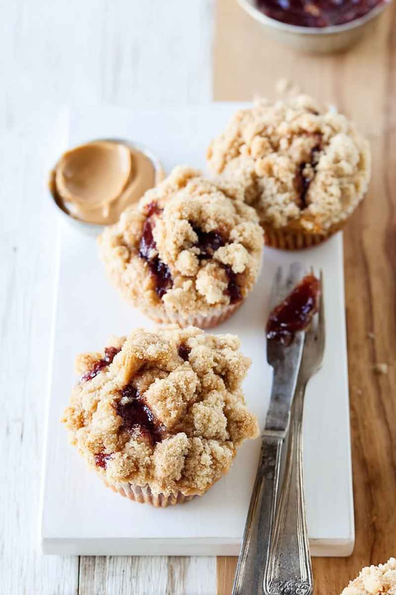 Three Peanut Butter and Jelly Crumb Muffins on a white plate, topped with a crumbly mixture and oozing jam, with a knife smeared with jam and a dollop of peanut butter nearby.