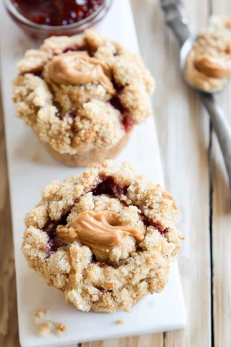 Peanut Butter and Jelly Crumb Muffins on a white plate, one muffin topped with extra peanut butter, surrounded by a jar of jam and a spoonful of peanut butter.
