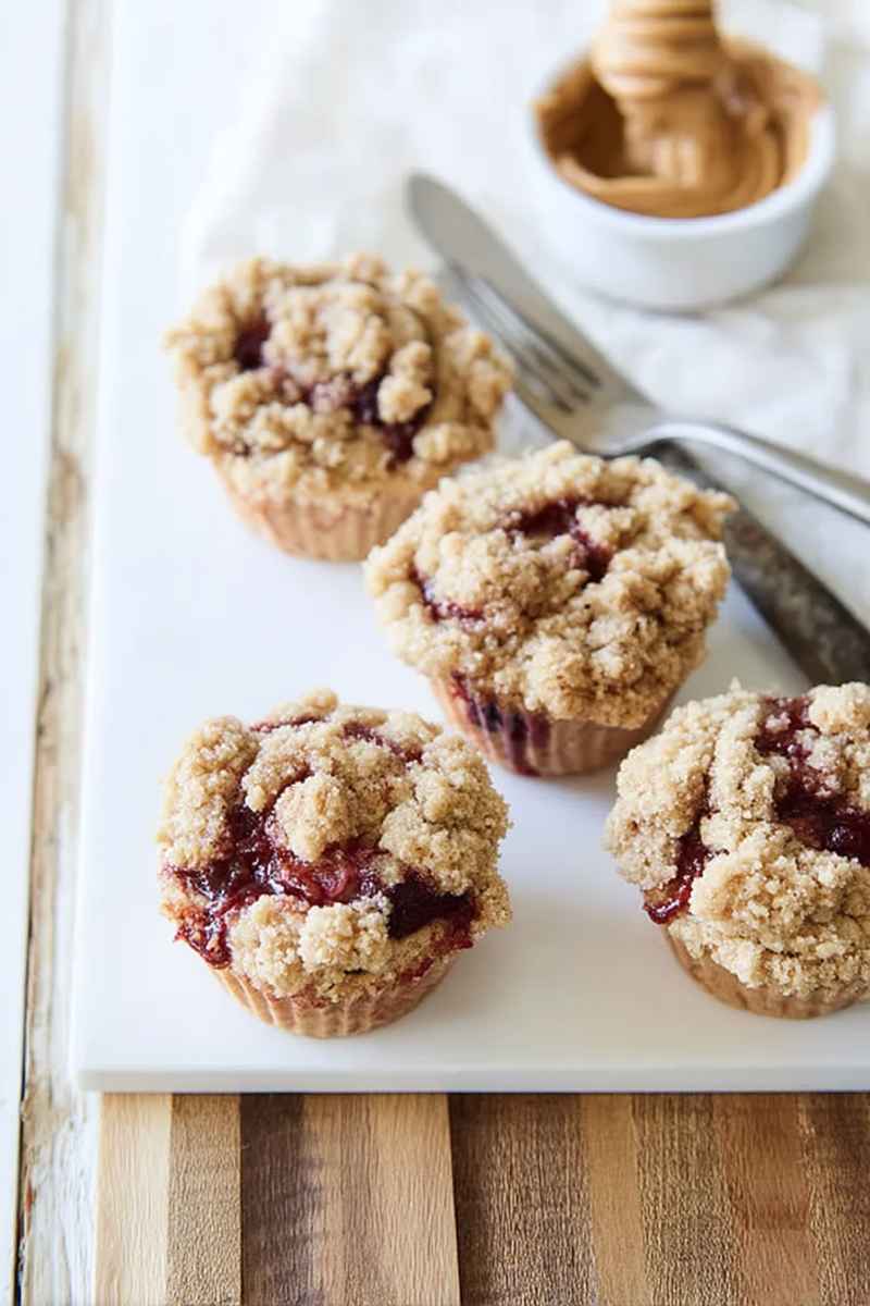 Four Peanut Butter and Jelly Crumb Muffins arranged on a white plate, showcasing their golden-brown tops and jam-filled centers, with a bowl of peanut butter and a knife in the background.