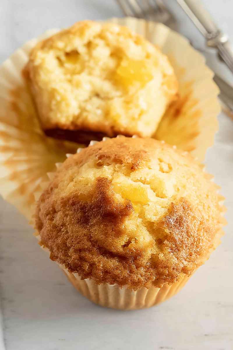 Two golden pineapple muffins in paper liners, placed on a light wooden table, ready to be enjoyed.