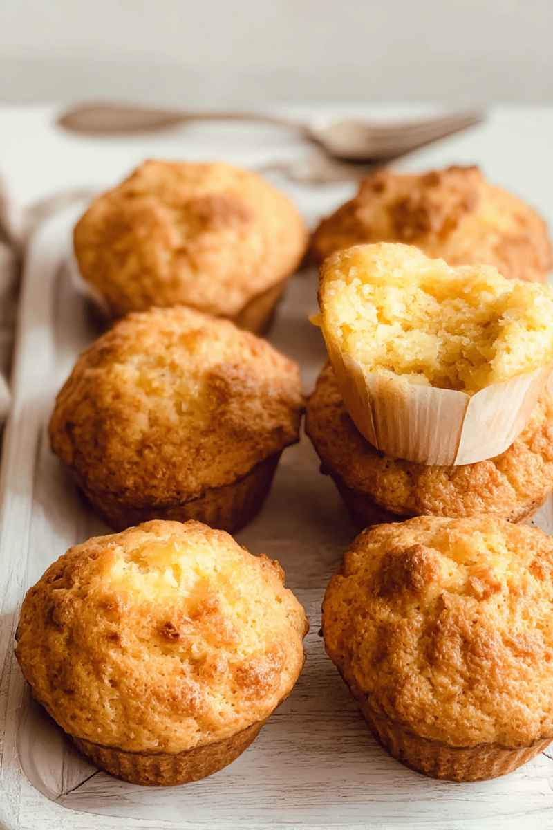 A plate of golden-brown pineapple muffins, one cut open to reveal their soft, juicy interior.