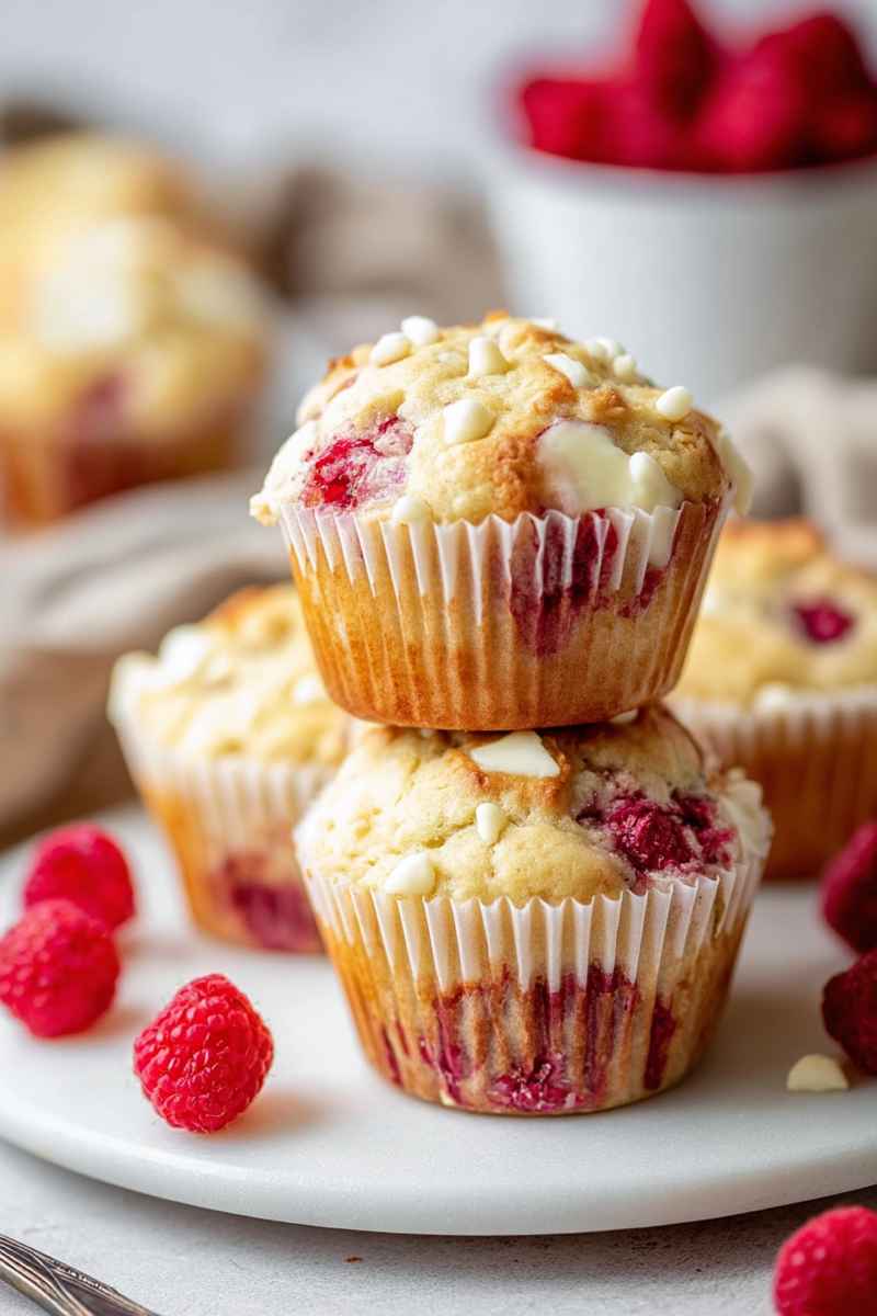 Stacked White Chocolate Raspberry Muffins with fresh raspberries scattered around.