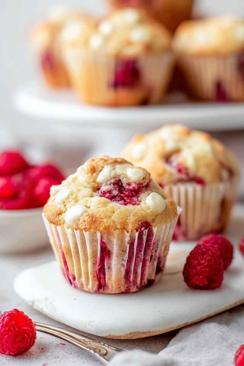 A close-up of a White Chocolate Raspberry Muffin on a plate with fresh raspberries.