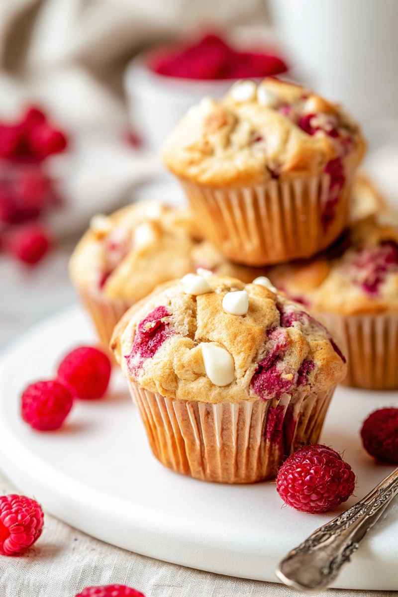Stacked White Chocolate Raspberry Muffins with vibrant red raspberries surrounding them.
