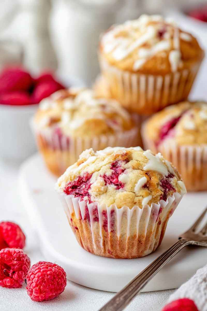 A close-up of a White Chocolate Raspberry Muffin with drizzled white chocolate glaze.