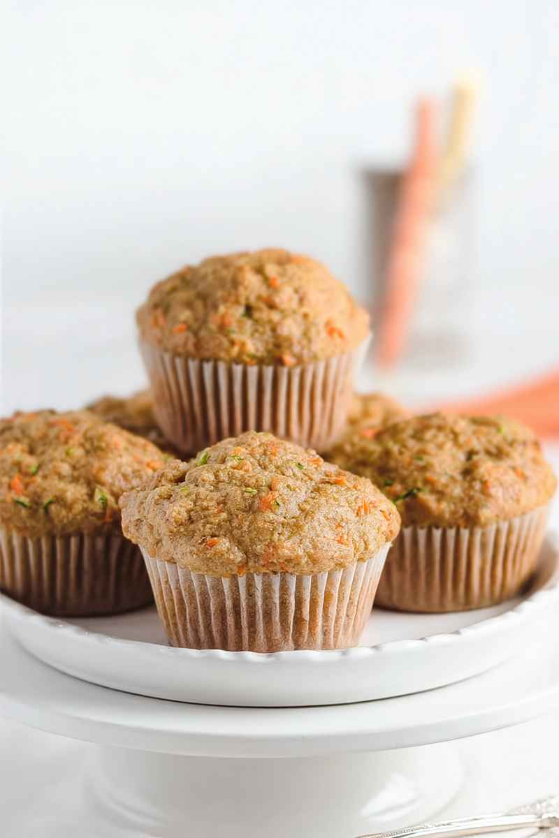 Four zucchini carrot oatmeal muffins in white paper liners, arranged on a white cake stand, with a blurred carrot in the background.