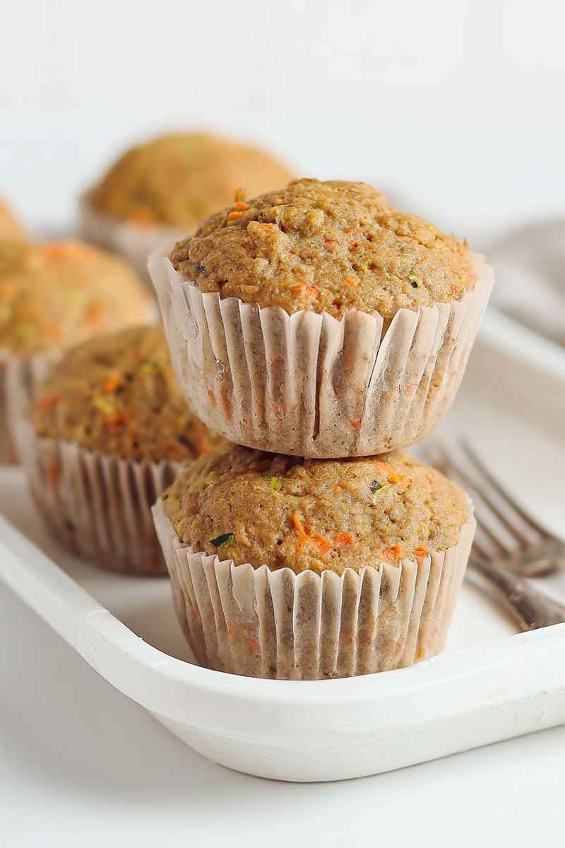 Two stacked zucchini carrot oatmeal muffins in white paper liners, with a fork partially visible in the background.