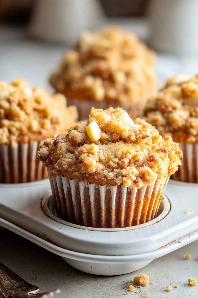 Golden-brown Apple Cinnamon Crumb Muffins with a generous topping of buttery crumbs and visible apple pieces.