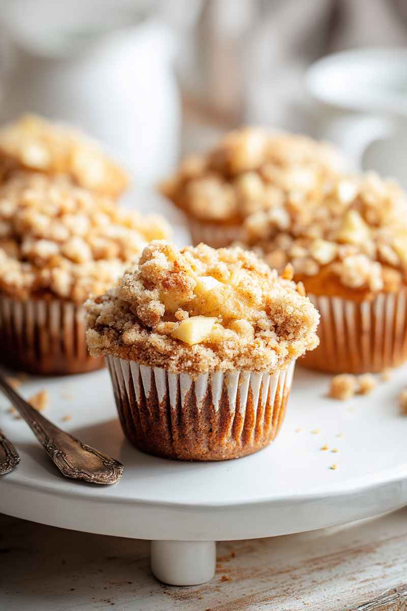 Close-up of golden Apple Cinnamon Crumb Muffins on a white plate, showcasing the crumbly topping and apple chunks.