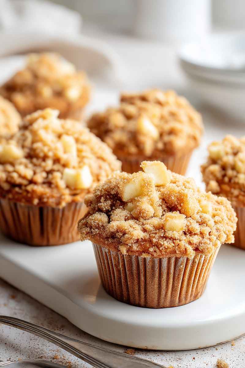 Freshly baked Apple Cinnamon Crumb Muffins arranged on a white plate, highlighting the crumbly topping and apple pieces.