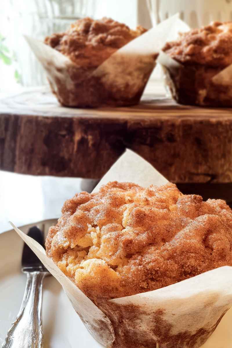Apple cinnamon muffins displayed on a wooden stand, highlighting their golden-brown tops and crumbly texture.