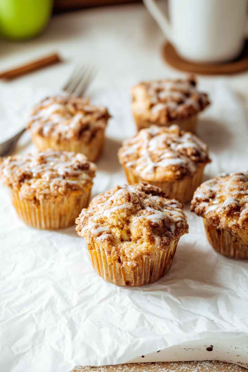 A tray of golden Apple Muffins with cinnamon streusel and vanilla icing drizzle.