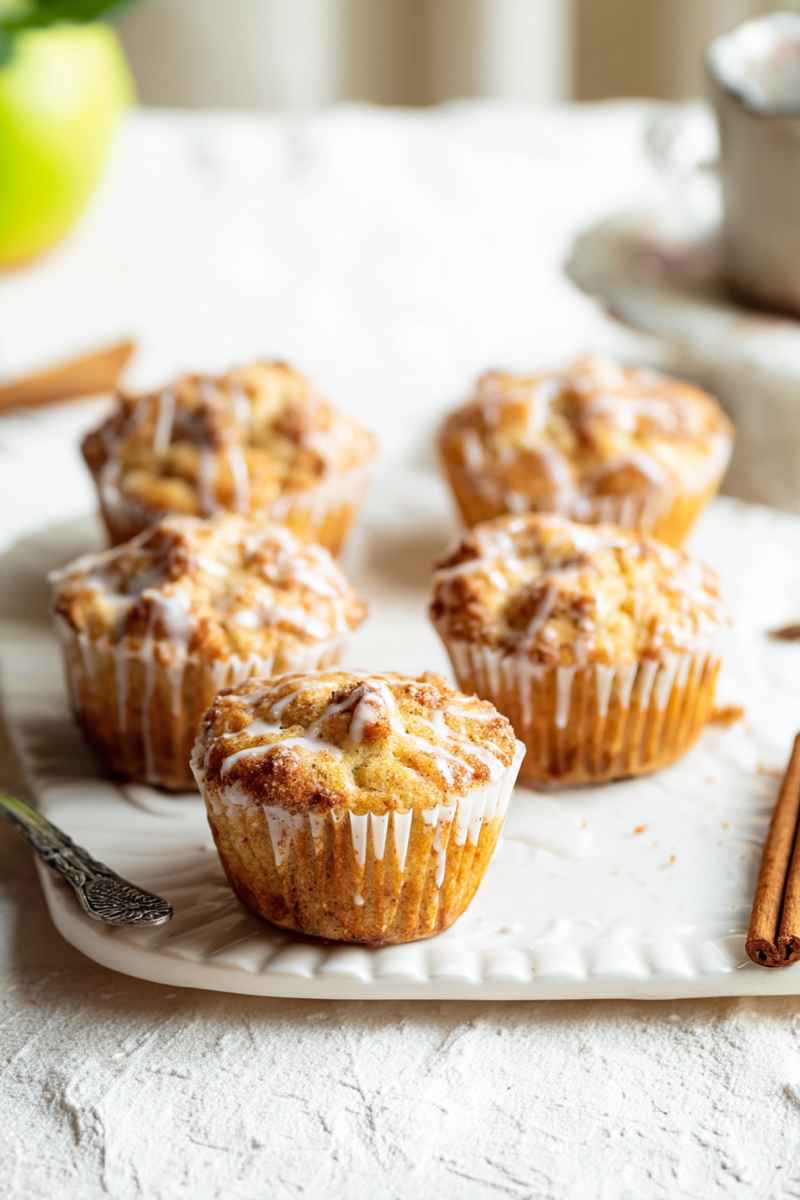 Plated Apple Coffee Cake Muffins with cinnamon streusel and icing drizzle.