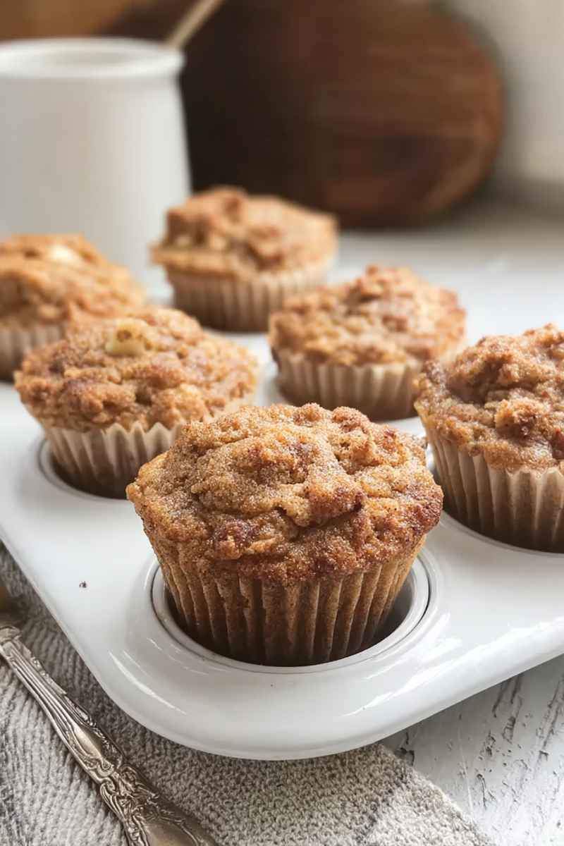 A close-up of apple muffins with a rich cinnamon crumble topping, showcasing their warm, inviting appearance.