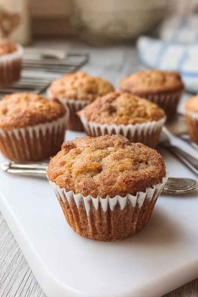 A plate of apple muffins with a crispy cinnamon crumble topping, highlighting their homemade appeal.