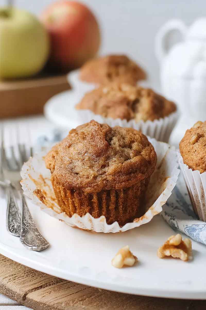 Apple muffins with a walnut addition, topped with a crunchy cinnamon crumble, placed on a white plate.