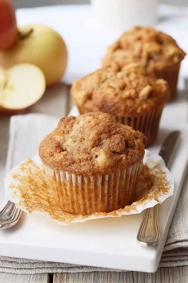 Apple muffins with a golden cinnamon crumble topping, surrounded by fresh apples, emphasizing their seasonal charm.