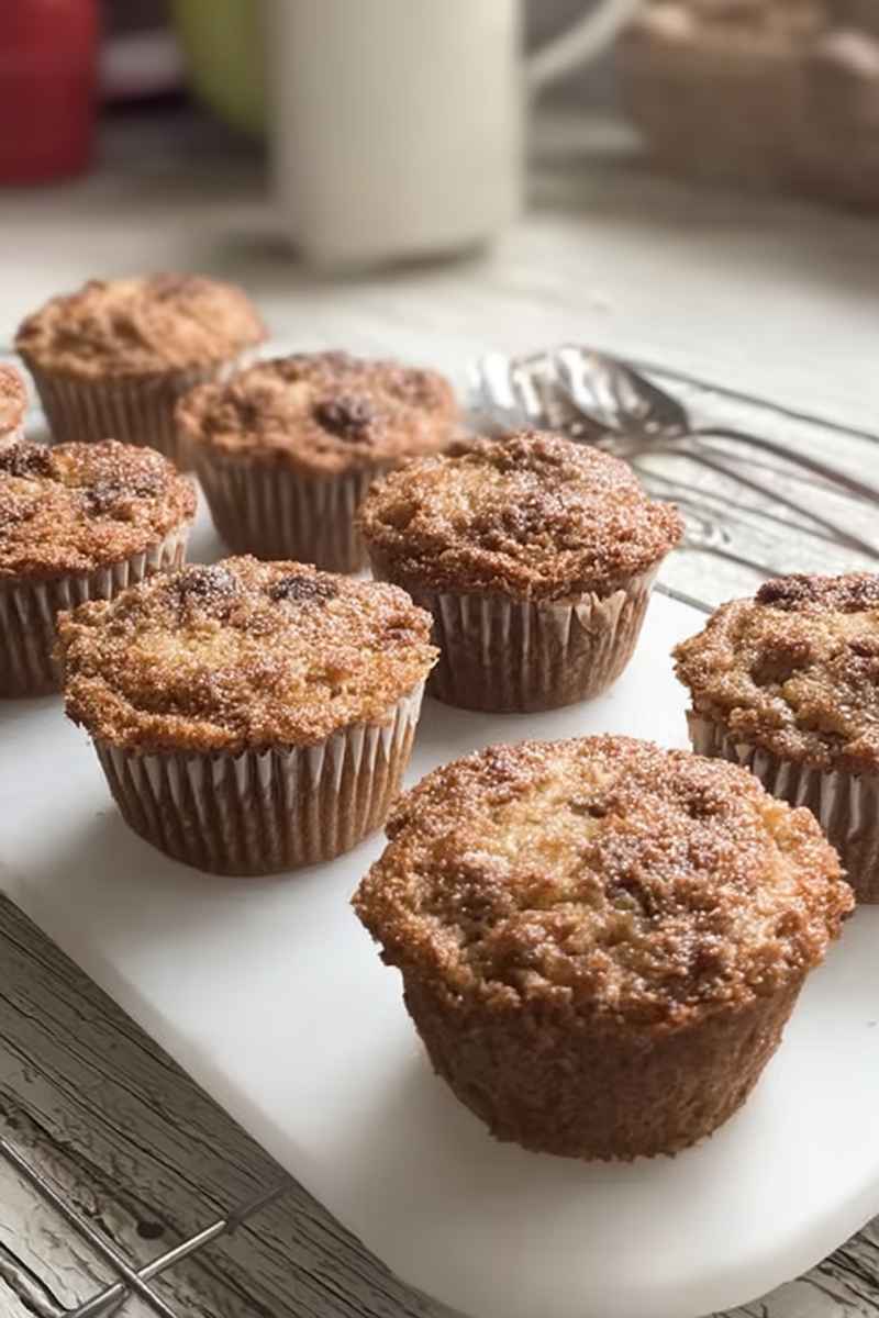 A tray of freshly baked apple muffins with a golden-brown cinnamon crumble topping, ready to be enjoyed.