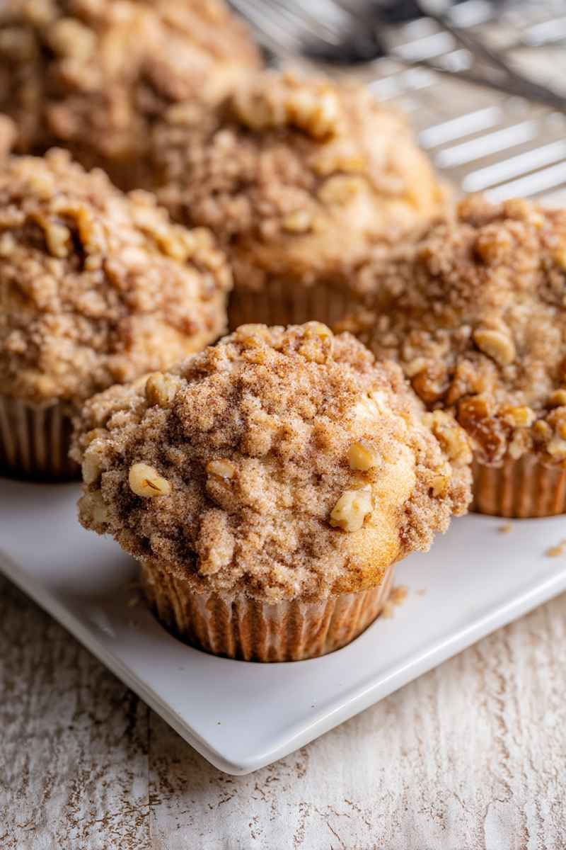Golden-brown banana walnut streusel muffins on a white plate, showcasing their crumbly topping and inviting texture.