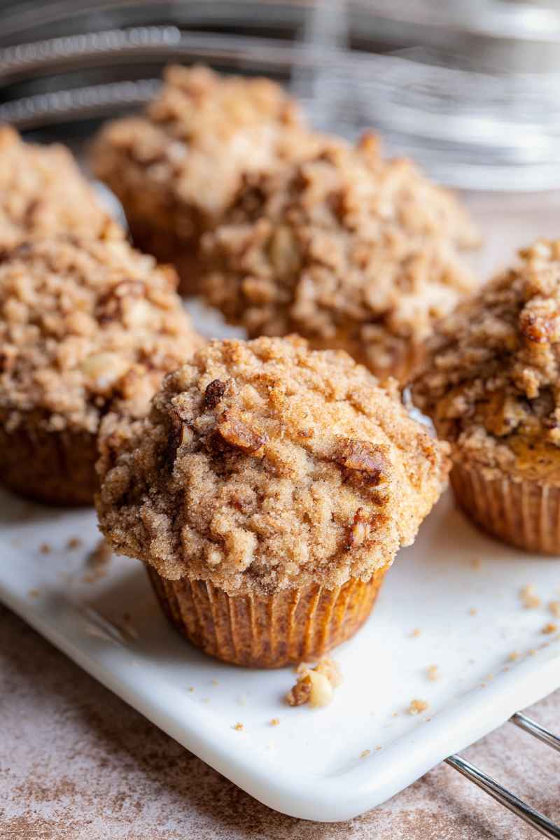 Close-up of banana muffins with a golden streusel topping, highlighting their rich texture and warm spices.