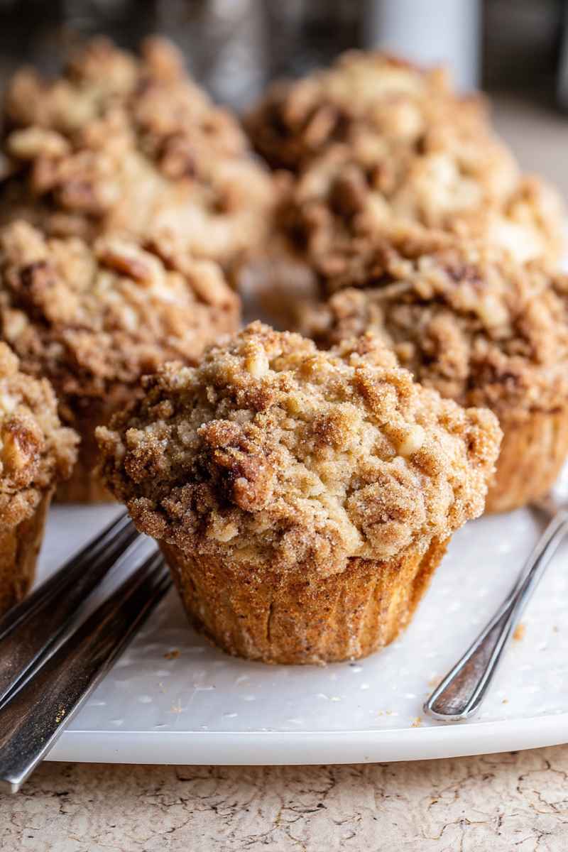 Banana muffins with cream cheese filling and streusel topping, served on a white plate with forks.