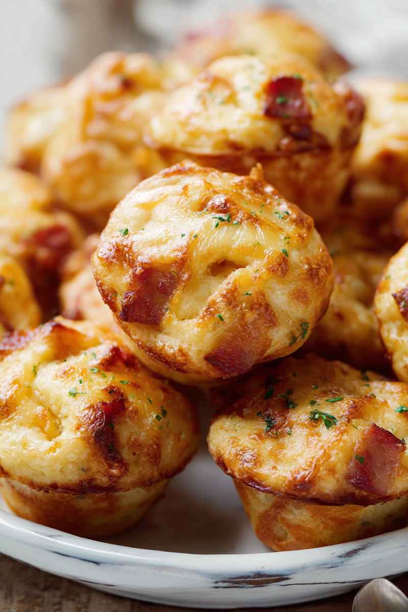 A plate of golden, cheesy bacon muffins topped with fresh parsley, ready to be enjoyed.
