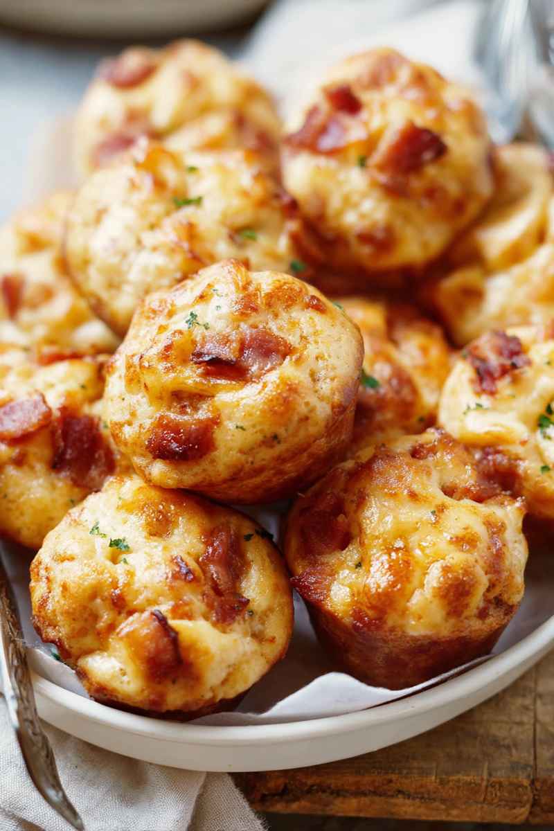 Stacked muffins showcasing melted cheese and crispy bacon, garnished with fresh herbs.