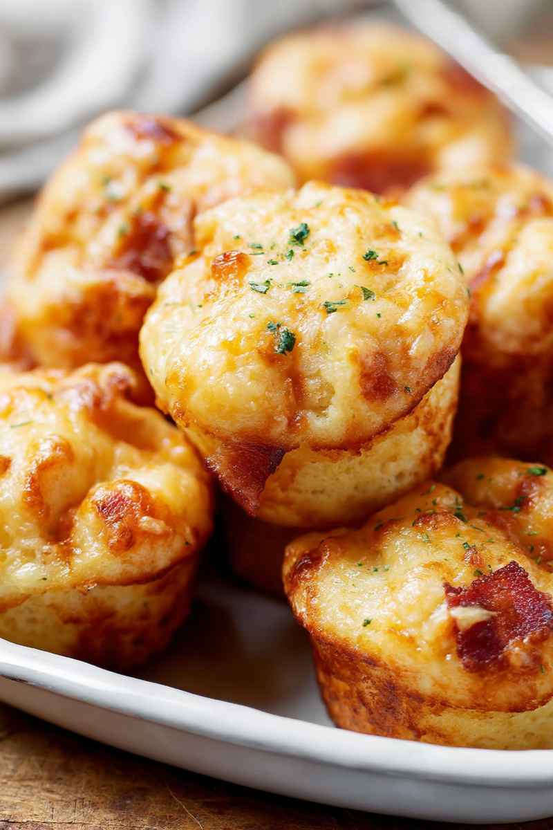 Fluffy muffins loaded with melted cheddar cheese and crispy bacon bits, garnished with fresh herbs.