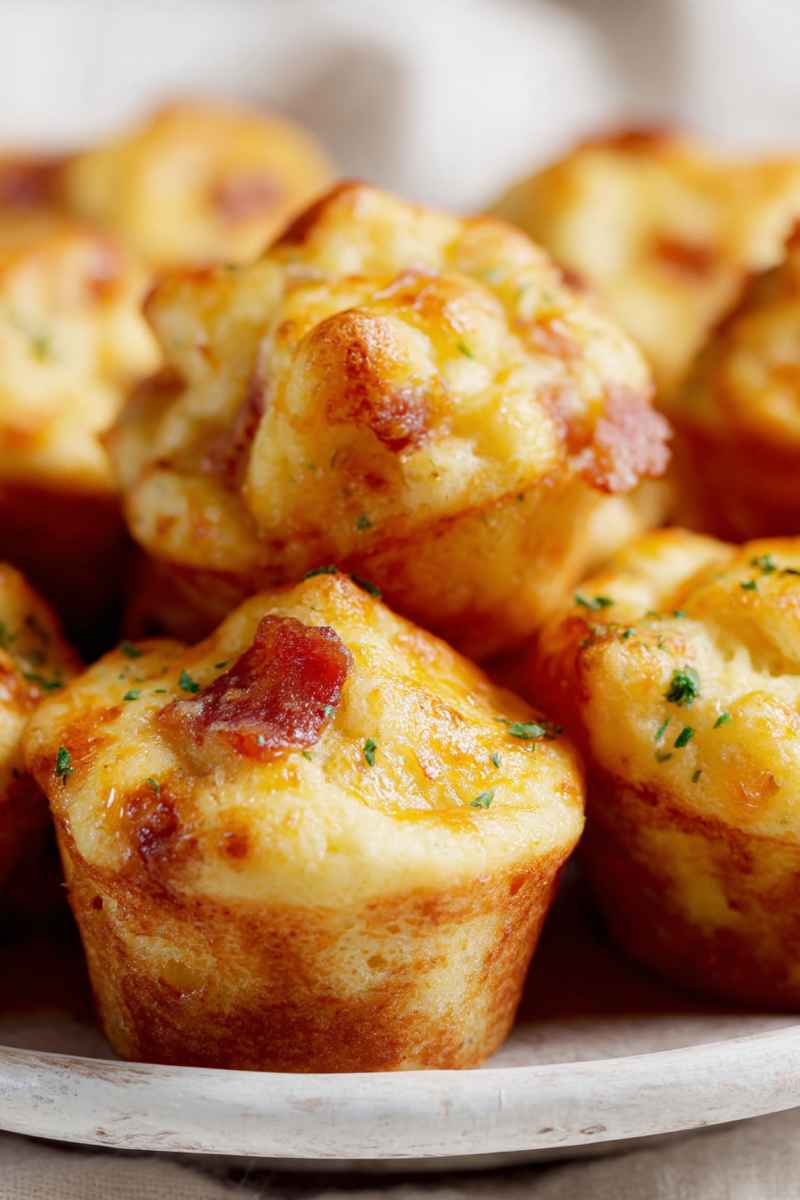 Close-up of warm, golden muffins filled with shredded cheddar cheese and crumbled bacon.