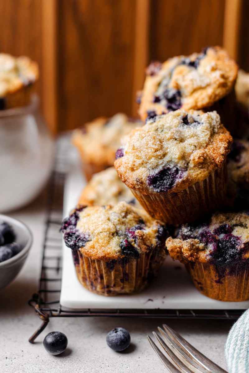 A close-up of freshly baked blueberry muffins stacked on a white tray, showcasing their golden tops and juicy blueberries, with a bowl of fresh blueberries nearby.