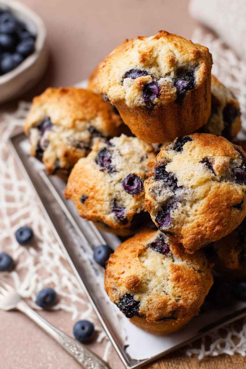 A plate piled high with golden blueberry muffins, each dotted with vibrant blueberries, set against a rustic background with scattered fresh berries.