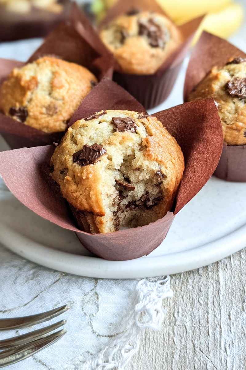 Golden muffins filled with gooey chocolate chips, displayed on a plate with decorative paper liners.