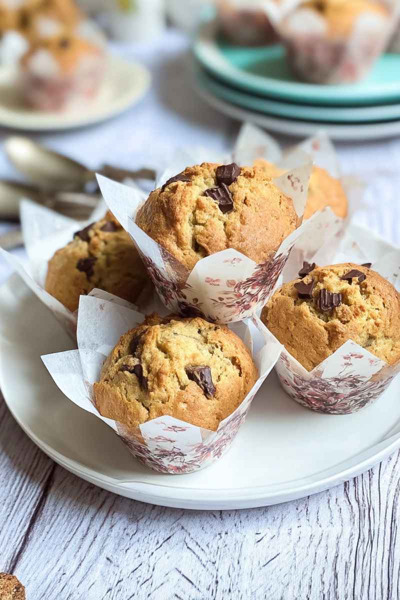Golden-brown banana chocolate chunk muffins in floral paper liners, showcasing their moist texture and rich chocolate chunks.