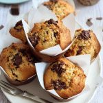 Delicious chocolate chunk muffins arranged on a plate, highlighting their golden crust and gooey chocolate pieces.