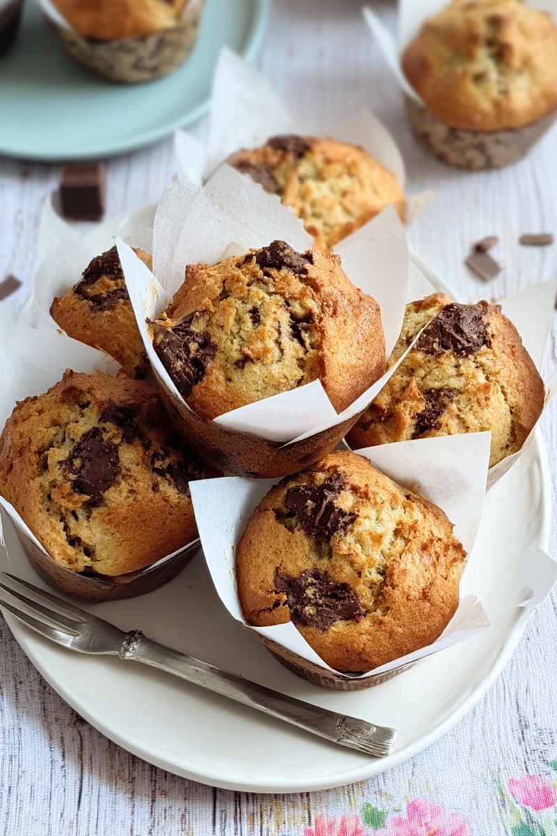 Delicious chocolate chunk muffins arranged on a plate, highlighting their golden crust and gooey chocolate pieces.