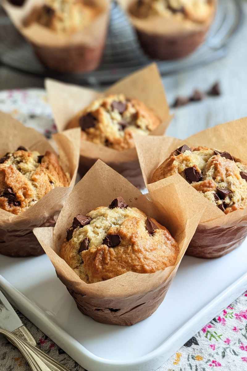 Flavorful banana muffins topped with chocolate chunks, presented on a white plate with brown paper liners.