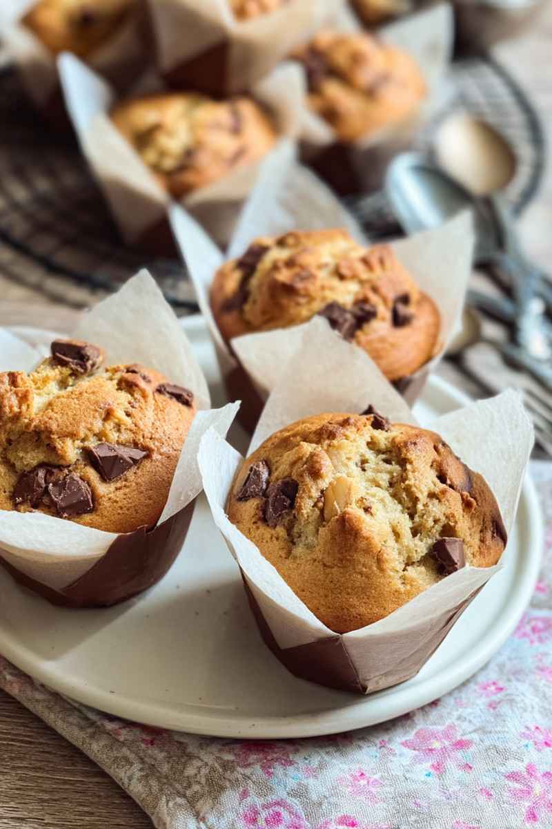 Golden muffins filled with chocolate chips, displayed on a plate with decorative paper liners.